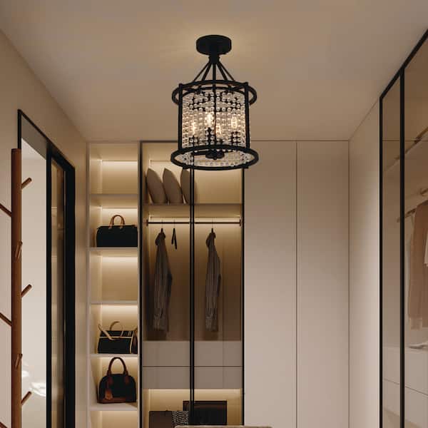 11.8 in. 4-Light Modern Black Lantern Semi-Flush Mount with Crystal Teardrop Pendant Shade