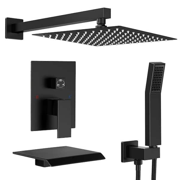 12 in. Shower Head Double Handle 3-Spray Tub and Shower Faucet Shower Combo 2.5 GPM in Matte Black Valve Included