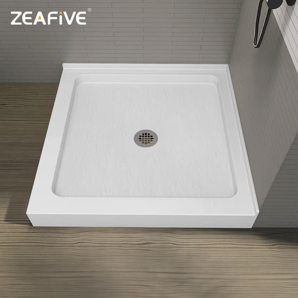 Zeno 36 in. L x 36 in. W Square Corner Shower Pan Base with Center Drain in White Non-Slip Double Threshold RV/Bathroom