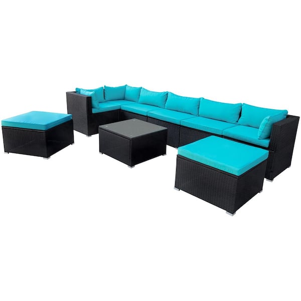 FORCLOVER 9-Piece Black Wicker Rattan Patio Conversation Sectional Seating Set with Blue Cushions and Coffee Table
