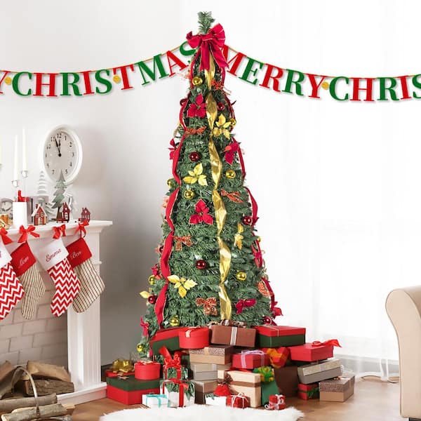 Collapsible Christmas Tree 7ft Pre-lit Artificial Christmas Tree With 200 L Warm White Lights Snow Flocked Full Prelighted Xmas Pvc Branch Tips Thickened Metal Foldable Stand Office Collapsible Christmas Tree With Lights