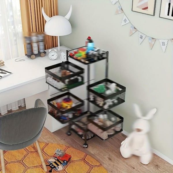 5-Tier Rotating Metal Storage Shelf with Wheels Multi-Layer Kitchen Trolley for Fruit and Vegetable in Black