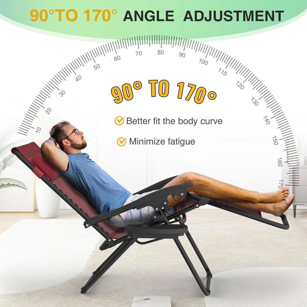 Claret Steel Zero Gravity Reclining Lounge Chair Set with Cup Holder
