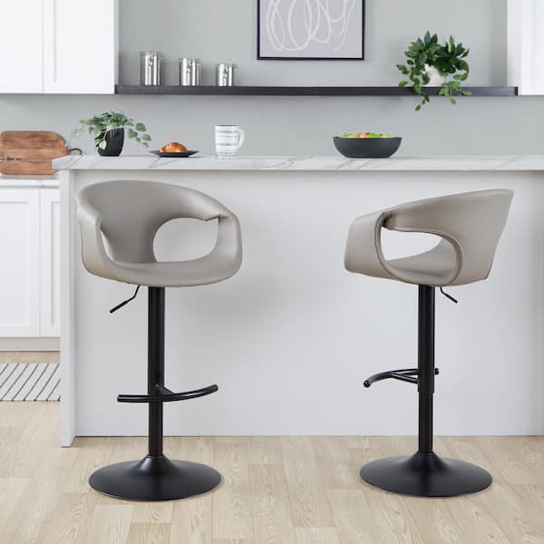 LumiSource Curva 32.5 in. Light Grey Faux Leather and Black Metal Adjustable Bar Stool with Rounded T Footrest (Set of 2)
