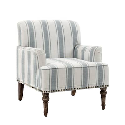 Mid-Century Modern Blue And Beige Striped Accent Arm Chair with Wood Legs (Set of 1)