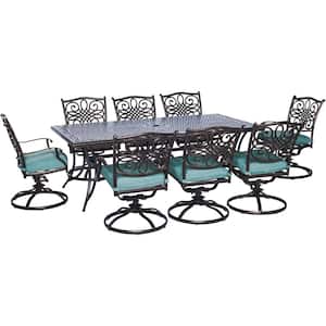 Seasons 9-Piece All-Weather Rectangular Patio Dining Set with Blue Cushions and 8 Swivel Chairs