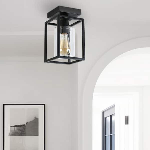 5.51 in. 1-Light Black Farmhouse Industrial Retro Cage Semi Flush Mount with Glass Shade for Living room, Bedroom, Foyer
