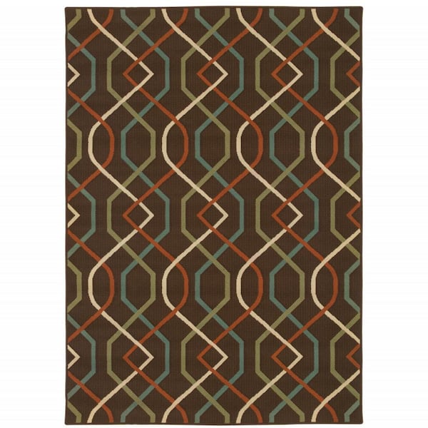 Brown, Ivory 5 ft. x 8 ft. Loomed Geometric Polypropylene Rectangle Indoor/Outdoor Area Rug