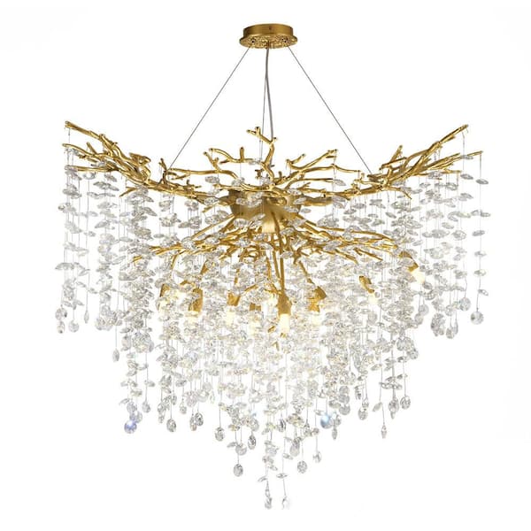 39 in. 12-Light Adjustable Chandelier with Crystal Decoration, Modern Gold Kitchen Island Chandelier, for Living Room