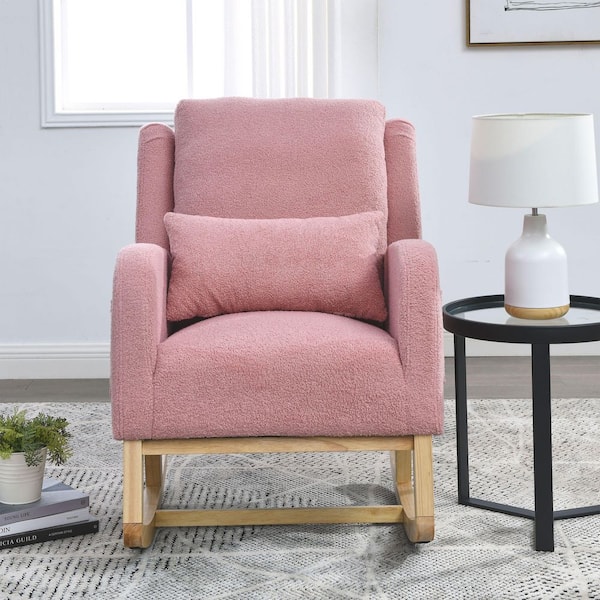 27.5 in. Pink High Back Teddy Fabric Rocking Chair w/ Lumbar Pillow and Side Pockets, Wood Legs for Living Room, Bedroom