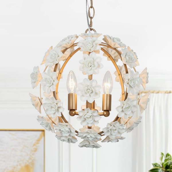3-Light Gold Globe Chandelier with White Ceramic Flowers