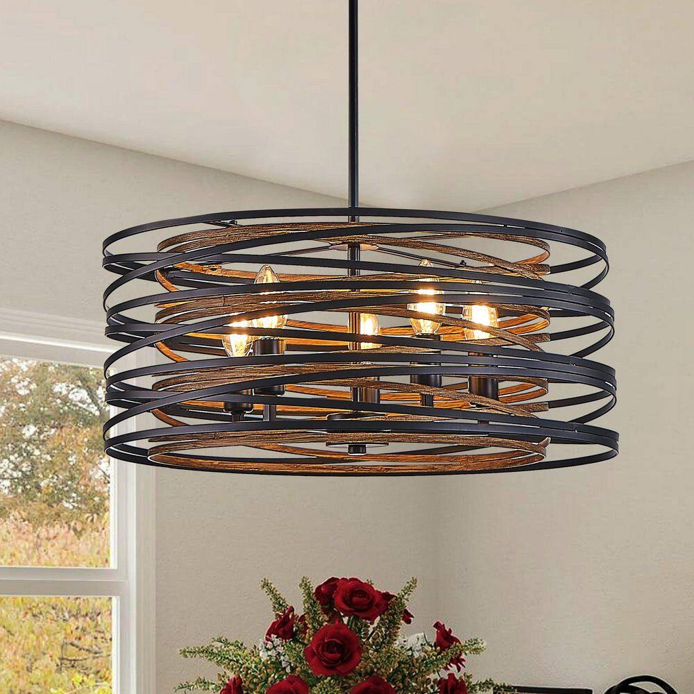 5-Light Black and Walnut Rustic Industrial Cage Chandelier with Wood Accents for Kitchen Island and Dining Room price history on PriceWatchPro