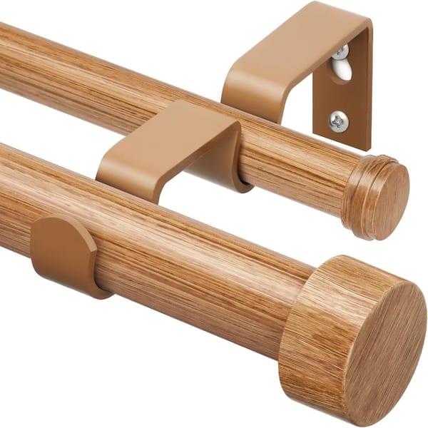 66-120in Wood Grain Heavy-Duty Double Curtain Rod with End Caps