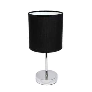 11.81 in. Black Traditional Petite Metal Stick Bedside Table Desk Lamp in Chrome with Fabric Drum Shade