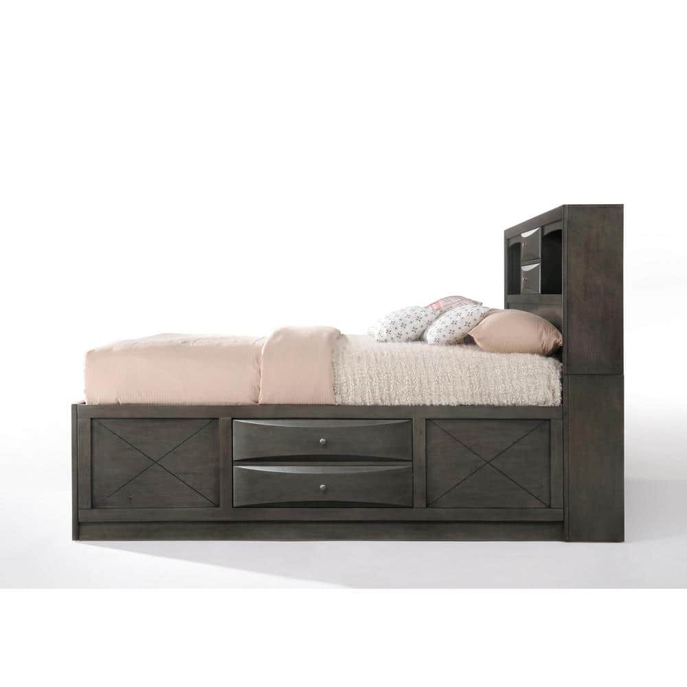 Transitional Gray Oak Queen Bed with Bookcase and Storage Drawers