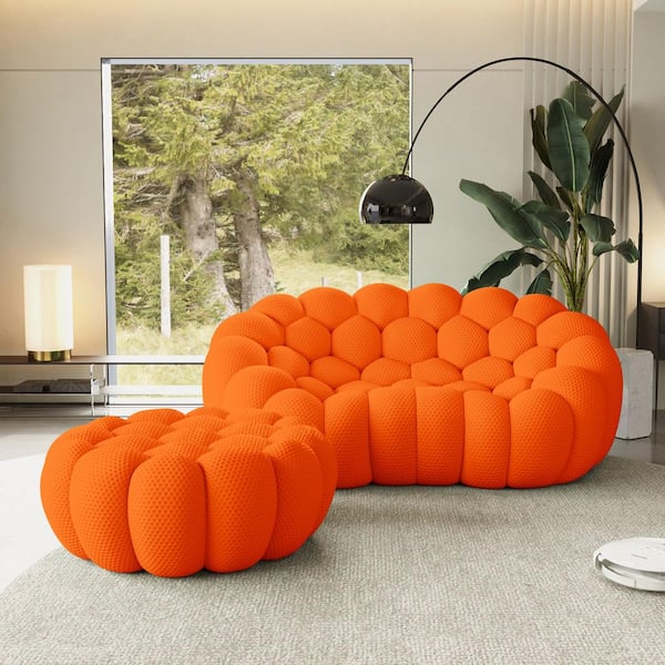 Set of 2 Bubble Curved Sofa, 79 in. Fabric Sectional Sofa 2-Seater Couch with Ottoman in. Orange