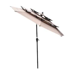 9 ft. Steel Market Umbrella 3-Tiers Outside Patio Umbrella in Brown Crank Tilt and Wind Vents Backyard Deck Pool