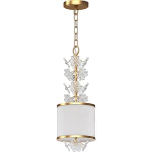 1-Light Antique Gold Drum Pendant Light with White Fabric Shade