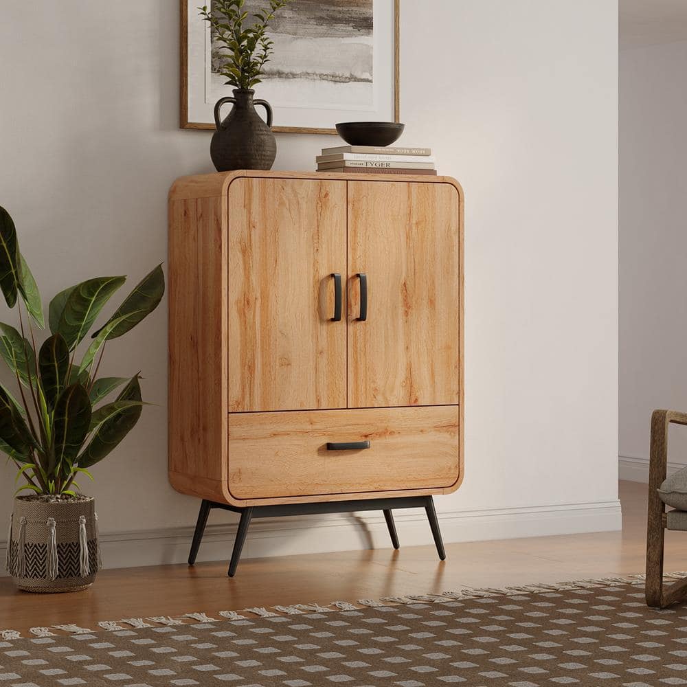 Walnut Oak 45.2" 2-Door 1-Drawer Sideboard Cabinet with Black Metal Legs