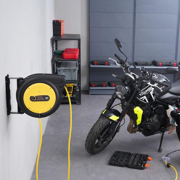 Retractable Extension Cord Reel 80ft. Heavy Duty 12 / 3 15 Amp SJTOW Extension Cord Reel with Lighted Triple Tap Outlet