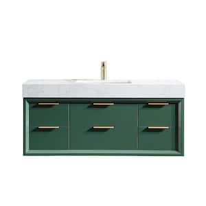 48 in. W x 20.7 in. D x 21.3 in. H Single Sink Solid Oak Floating Bath Vanity in Green with White Marble Top and Lights