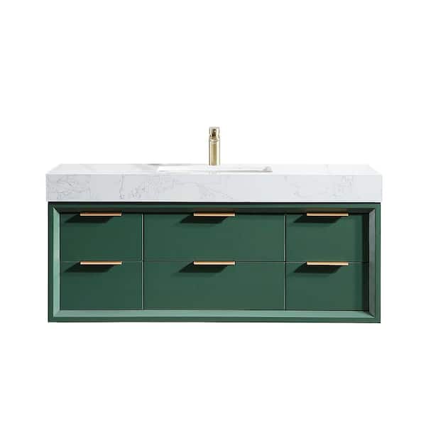 Lonni 48 in. W x 20.7 in. D x 21.3 in. H Single Sink Solid Oak Floating Bath Vanity in Green with White Marble Top and Lights
