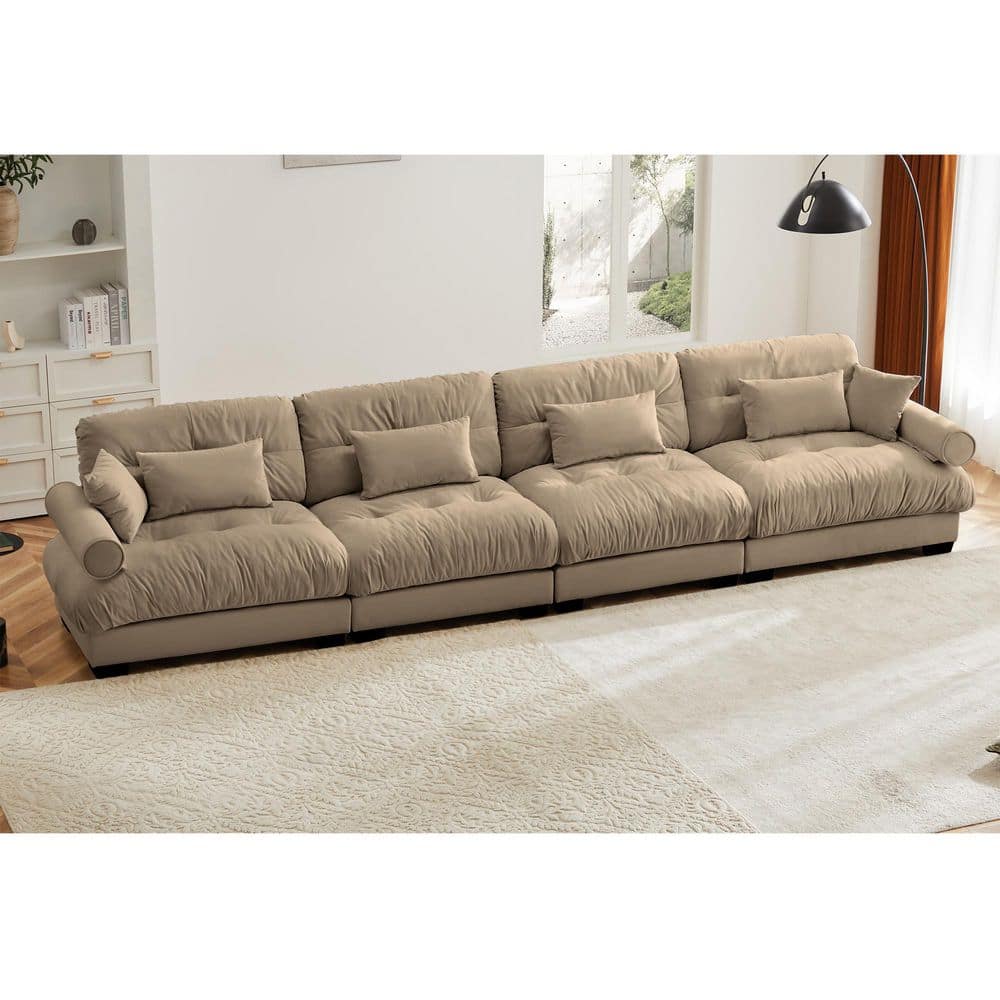 Dalton 166 in. Velvet Upholstered Rectangle Sectional Sofa in Brown with Blostered Armrests, Pillows, Camel price history on PriceWatchPro