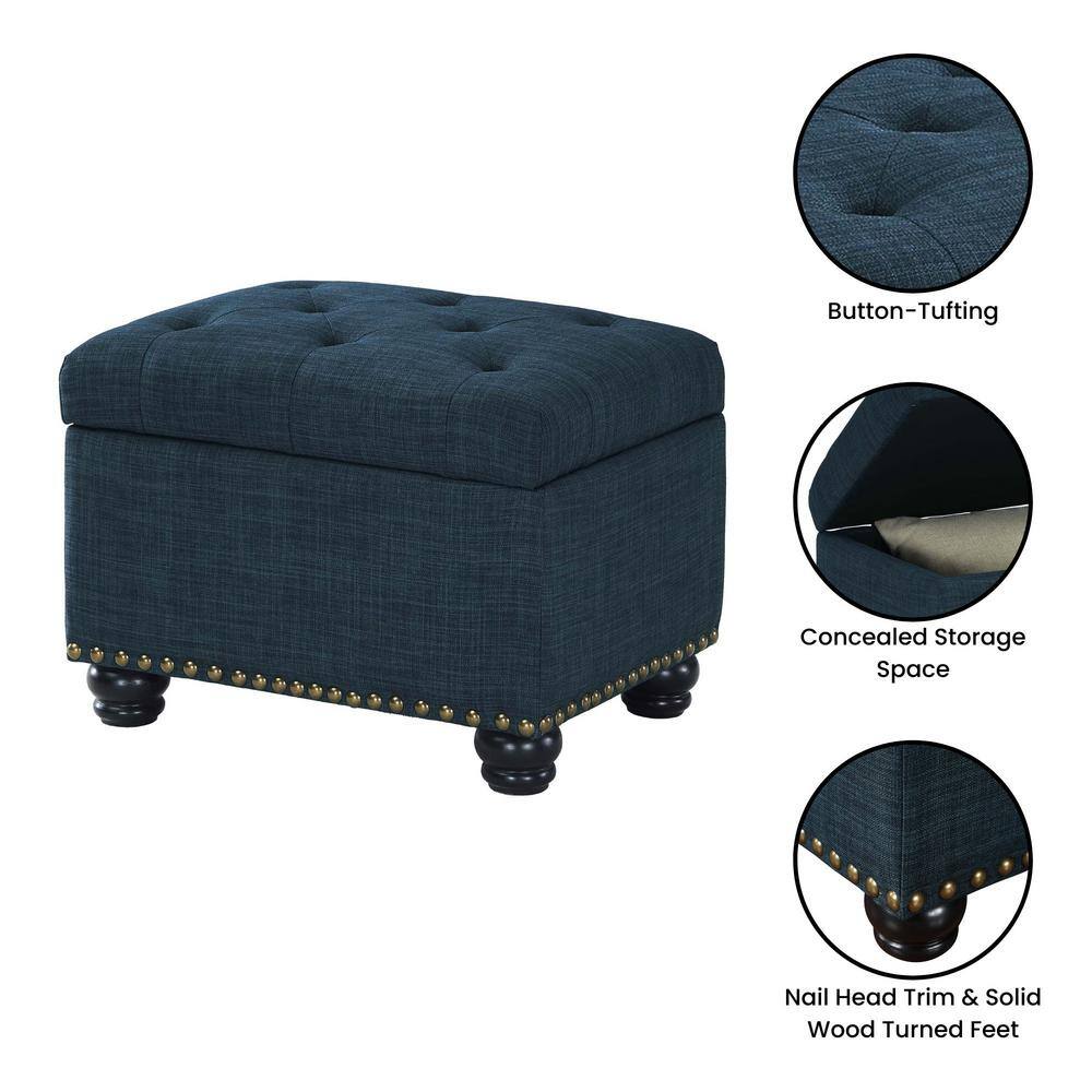 Elegant Dark Blue Tufted Storage Ottoman with Antique Nailhead Trim