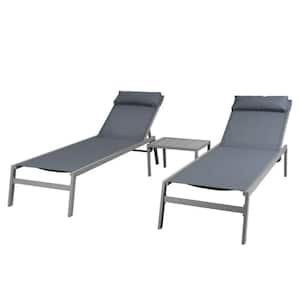 Set of 3 Steel Adjustable Stackable Outdoor Chaise Lounge in Gray Seat with Side Table and Headrest Poolside Lounger Set