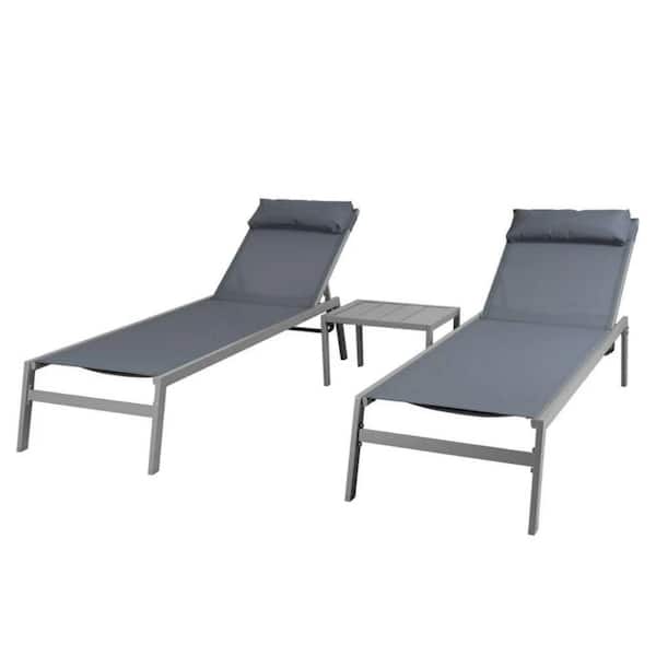 GAWEZA Set of 3 Steel Adjustable Stackable Outdoor Chaise Lounge in Gray Seat with Side Table and Headrest Poolside Lounger Set