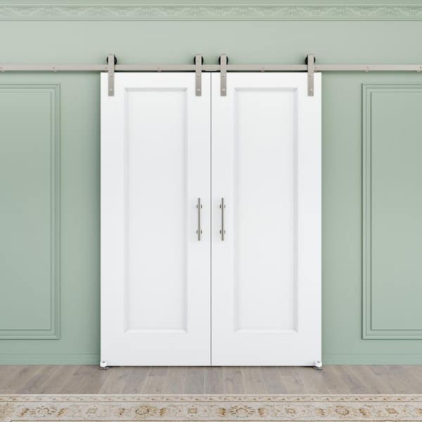 60 in. x 80 in. 1 Panel White Primed MDF Sliding Barn Door with Hardware Kit and Soft Close for Bathroom (Nickel Track)