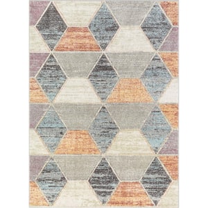 WHOA Mesa Blue/Gold/Ivory/Gray Geometric Distressed 3D Textured 5 ft. 3 in. x 7 ft. 3 in. Area Rug
