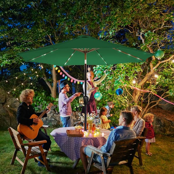 emerald green patio umbrella Sun-Ray 9 ft. Steel Market Solar Lighted 8-Rib Round Patio Umbrella in Emerald Green