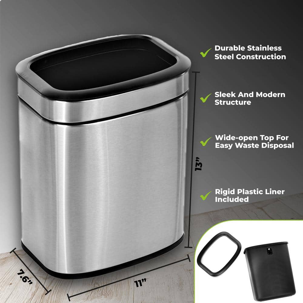 Stainless Steel Rectangular Open Top Trash Can with Liner, 2.6 Gallon