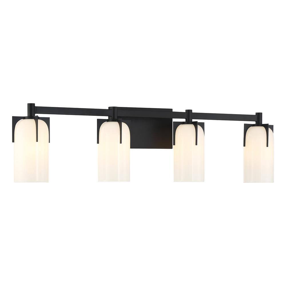Matte Black 4-Light Vanity with Etched White Opal Glass Shades