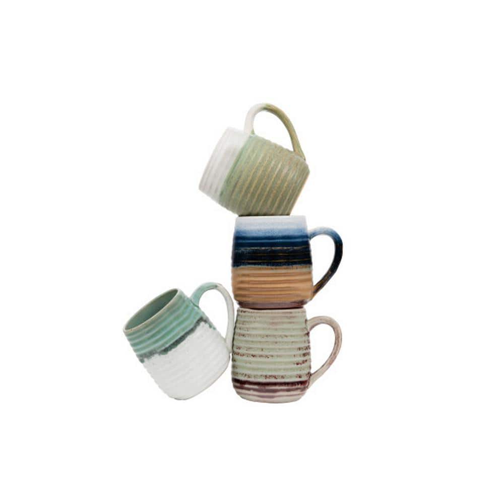 Large Multicolor Ceramic Ribbed Mugs Set of 4
