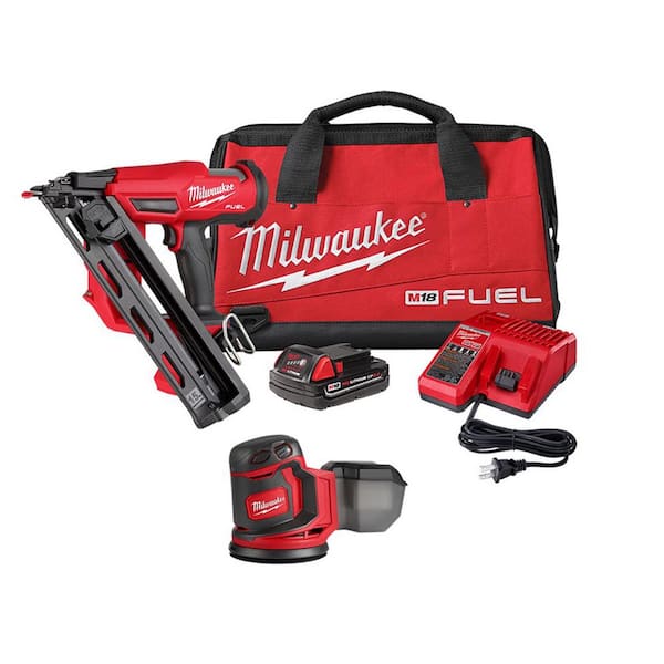 Milwaukee M18 FUEL 18-Volt Lithium-Ion Brushless Cordless Gen II 15-Gauge Angled Nailer Kit W/Random Orbit Sander