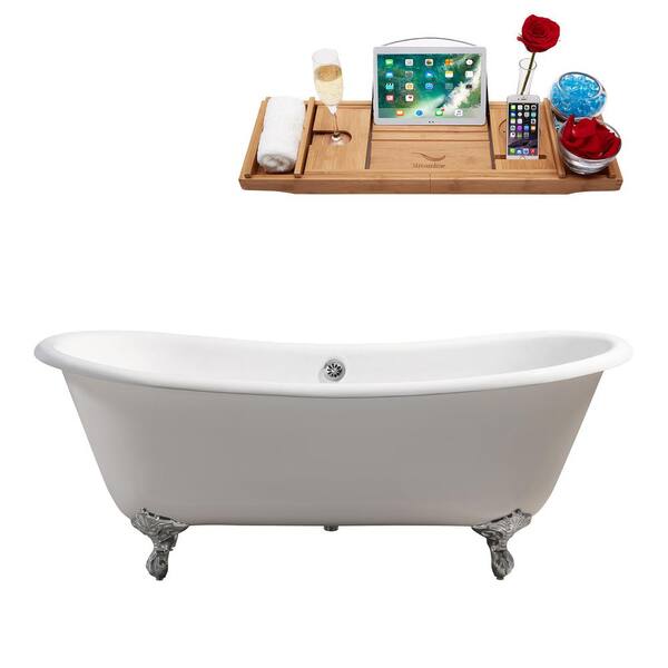 Streamline 71 in. Cast Iron Clawfoot Non-Whirlpool Bathtub in Glossy White with Polished Chrome Drain And Polished Chrome Clawfeet