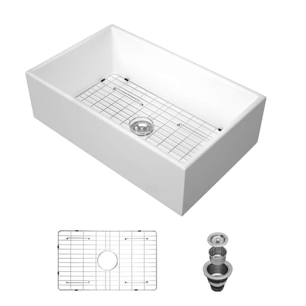 36 in. Farmhouse/Apron-Front Single Bowl White Ceramic Kitchen Sink with Accessories
