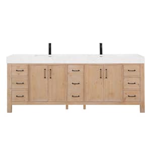 León 84 in.W x 22 in.D x 34 in.H Double Sink Bath Vanity in Fir Wood Brown with White Composite Stone Top