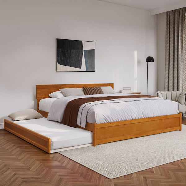 AFI Wesley Light Toffee Natural Bronze Solid Wood Frame King Platform Bed with Panel Footboard and Twin XL Trundle