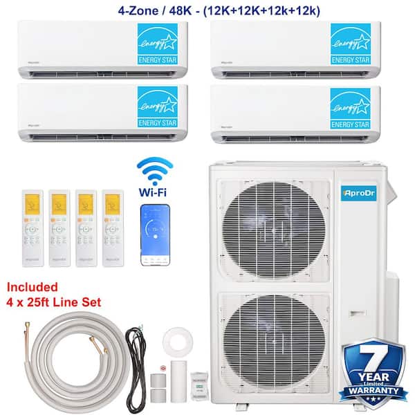 4-ZoneEnergy Star Wi-Fi 48,000 BTU 230V 21 SEER2 Mini Split AC w/Heat Pump 12K-12K-12K-12K BTU Heads 25 ft. Lineset x 4