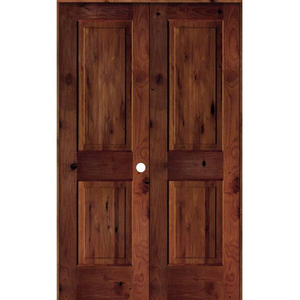 Krosswood Doors 48 in. x 80 in. Rustic Knotty Alder 2-Panel Left Handed Red Chestnut Stain Wood Double Prehung Interior Door Square-Top