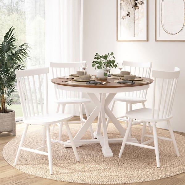 Bush Furniture West End Round Trestle Dining Table with 4 High Back Spindle Dining Chairs in Burnished Medium Brown/White Paint