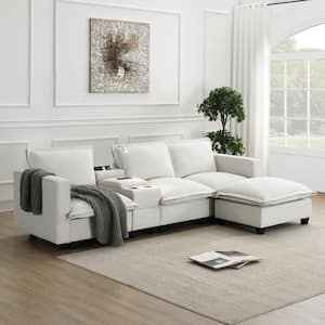 109 in. Square Arm Chenille L-Shape Sectional Sofa in Beige with Ottoman, Console, USB Charging, Light, Cup Holder
