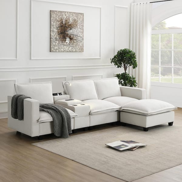 Harper & Bright Designs 109 in. Square Arm Chenille L-Shape Sectional Sofa in Beige with Ottoman, Console, USB Charging, Light, Cup Holder