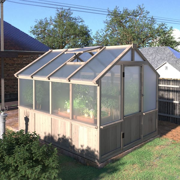 VEIKOUS 8 ft. W x 8 ft. D Wood Brown Garden Plant Greenhouse for Outdoors with Multi-Layer Polycarbonate Panel