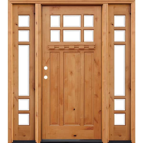 Pacific Entries 66 in. x 80 in. Craftsman Rustic 6 Lite Stained Knotty Alder Wood Prehung Front Door w/ 12 in. Sidelites & Dentil Shelf