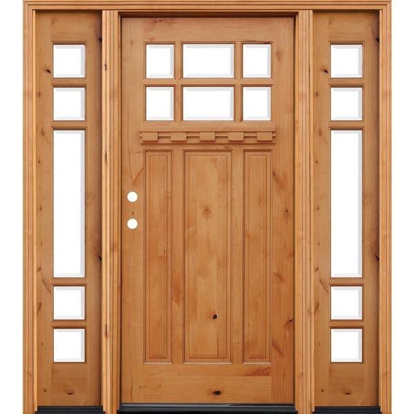 Pacific Entries 70in.x80in. Craftsman 6 Lt Stained Knotty Alder Wood Prehung Front Door w/6in Wall Series, 14in Sidelites & Dentil Shelf