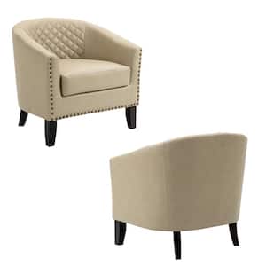 Mid-Century Beige Solid Wood Legs PU Leather Upholstered Accent Barrel Chair With Nailhead Trim(Set of 2)